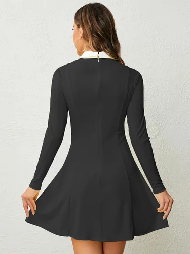 Vista 3 de Vestido de manga larga para mujer, con cuello Peter Pan, ajuste y acampanado para el miércoles Addam