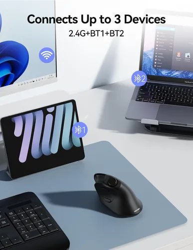 Vista 3 de TECKNET Ratón Ergonómico, Ratón Inalámbrico Recargable Bluetooth (BT 5.0/5.0+2.4G), Ratón Vertical con Botón de Volumen, Clics Silenciosos, Ratones