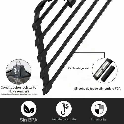 Vista 4 de HANZENMA Estante triangular para fregadero, estante multifuncional sobre la encimera, esterilla plegable para secar el fregadero, resistente al Negro
