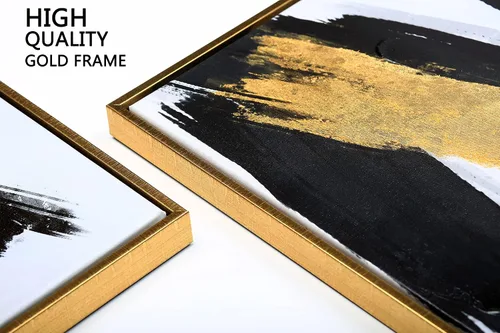 Vista 3 de Sofoney - Lienzo abstracto enmarcado en oro negro y dorado, impresiones artísticas 3D texturizadas con pinceladas negras con lámina dorada
