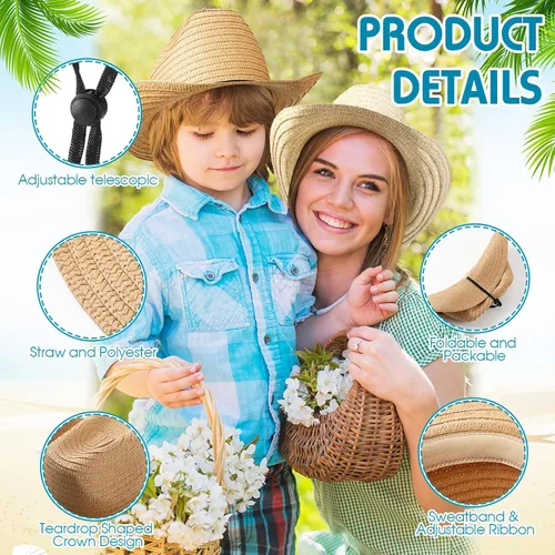 Vista 6 de SATINIOR Juego de 12 sombreros de vaquero de paja para niños con bandanas, disfraz de vaquero para fiesta occidental, disfraz de niño