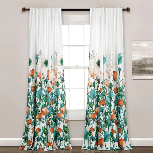 Vista 6 de Lush Decor Zuri Flora - Cenefa para cortina con filtro de luz, 18 pulgadas de largo x 52 pulgadas de ancho, azul y coral (paquete de 2)