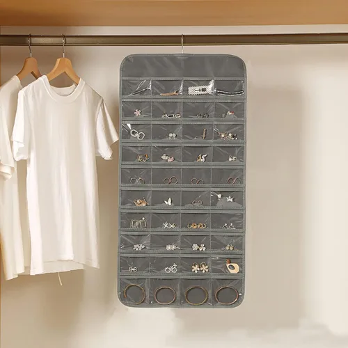 Vista 2 de AARAINBOW Organizador de joyas colgante de doble cara con 80 bolsillos, colgador de joyas para aretes, collares, anillos en armario, pared, puerta