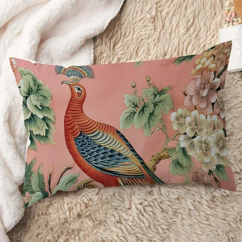 Vista 19 de ArogGeld Fundas de cojín de estilo chinoiserie, diseño de flores y pájaros, color rosa rubor, diseño de animales de pavo real, jardín asiático