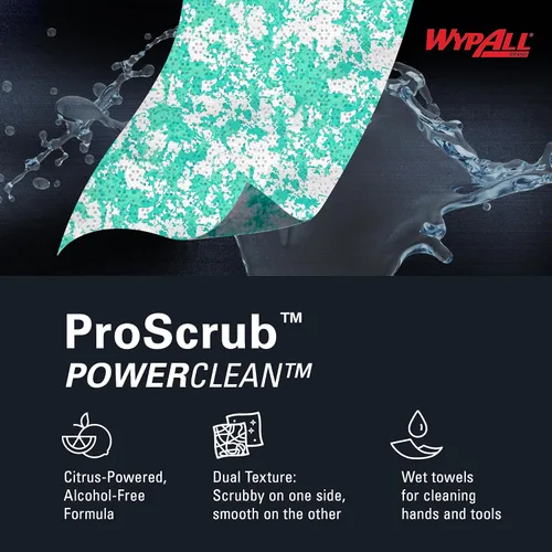 Vista 9 de WypAll PowerClean ProScrub Toallas Húmedas de Trabajo Pesado (91371), Limpieza de Doble Acción, Toallitas Grandes de 9.5" x 12" Pulgadas, Cubo