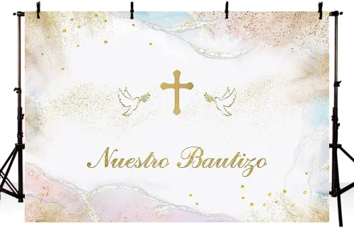 Vista 2 de MEHOFOND Fondo de fotografía de Nuestro Bautizo de 7 x 5 pies para niños y niñas, decoración de fiesta de bautizo mexicano para niños y niñas