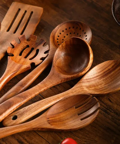 Vista 6 de Juego de 11 utensilios de cocina de madera, cucharas de madera de teca para cocinar, agarre cómodo, resistente, espátulas de madera antiadherentes