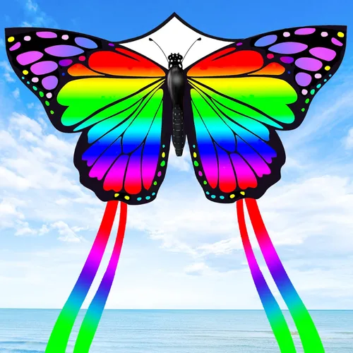 Vista 2 de Mariposa enorme cometa para niños y adultos, cuerda de una sola línea con cola fácil de volar para viajes a la playa, parque, juegos y actividades