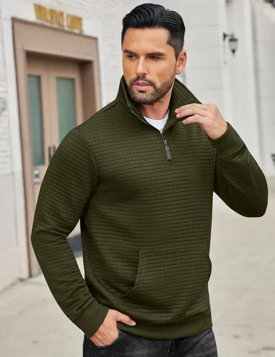 Vista 2 de COOFANDY - Sudadera con capucha para hombre, manga larga, con cremallera de un cuarto, estilo sarga casual, con bolsillo Verde militar