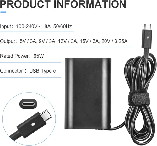 Vista 6 de Cargador de portátil USB C de 65 W y 45 W para Dell USB C, Dell XPS 12, XPS 13, Latitude 3540 5420 5430 5440 5450 5520 5530 5540 5550 7400 7410 7420
