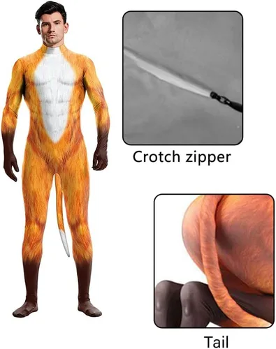 Vista 34 de Disfraz de animal para hombre con estampado de cola grande, overol peludo de elastano para cosplay, fiesta de Halloween
