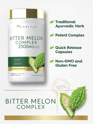 Vista 4 de Carlyle - Cápsulas de Melón Amargo 2500 mg 200 unidades Extracto sin OMG y sin gluten Suplemento complejo