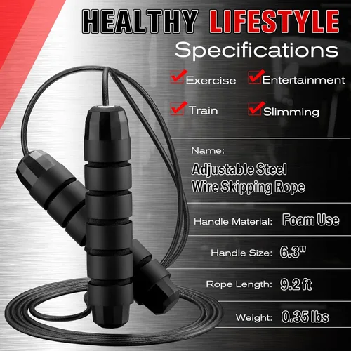 Vista 2 de Junkin Jump Ropes for Fitness with Ball Bearings Speed Jumping Adjustable Skipping Rope with Foam Handles Exercise Stuffer for Men Women Cardio