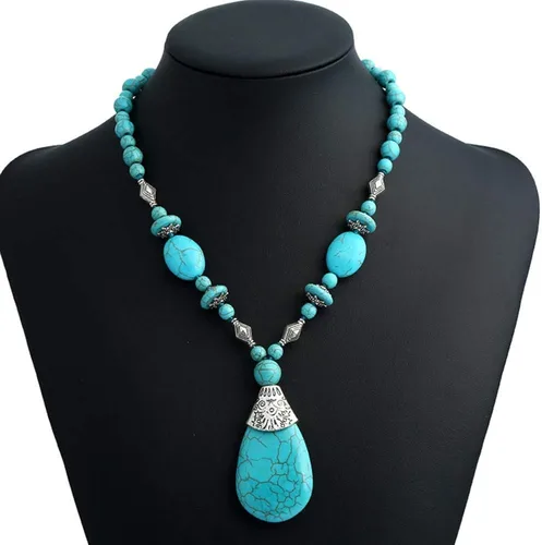 Vista 2 de Juego de 3 piezas de turquesa un collar turquesa un par de aretes de borla con dije de turquesa una pulsera elástica de color turquesa para mujer