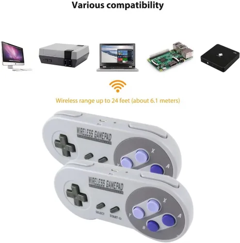 Vista 5 de Controlador inalámbrico para SNES ClassicPC, 2.4G recargable Gamepad Joystick con receptor, con adaptador USB para PC (2 moradas)