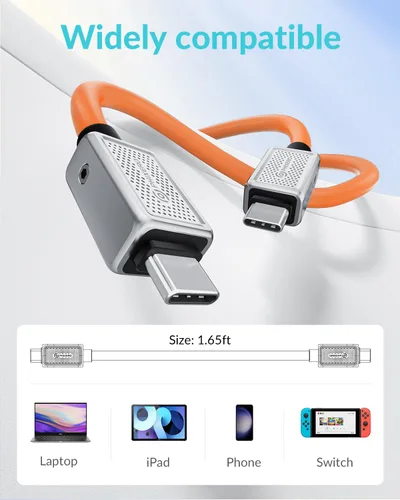 Vista 7 de PHIXERO Cable USB C a USB C de 240 W, aleación de zinc, 40 Gbps, 1.6 pies, naranja