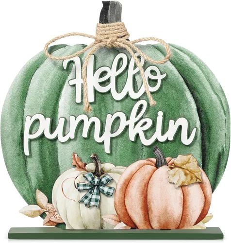 Vista 7 de Soaoo Decoración de Acción de Gracias, letrero de madera de otoño con texto en inglés "Hello Pumpkin", decoración de mesa de calabaza de otoño de 11