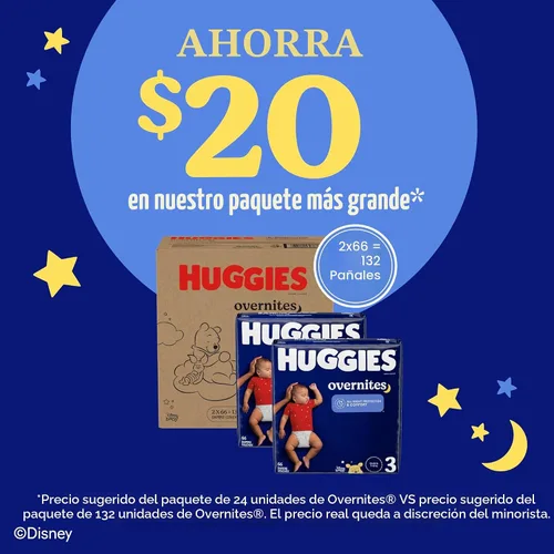 Vista 4 de Pañales nocturnos Huggies Overnites talla 3 (16-28 libras), 66 unidades, el empaque puede variar