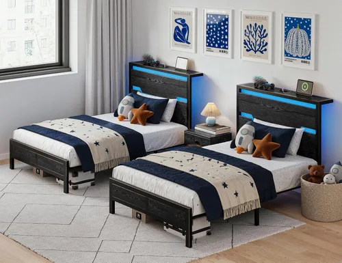 Vista 7 de Homkdom Twin Size Bed Frame with LED, Headboard Shelf & USB Ports
