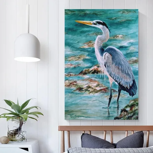 Vista 5 de Lienzo de arte de aves marinas, pintura al óleo, pintura al óleo, arte de pared de garza azul, decoración de habitación, estética, animal, pósteres