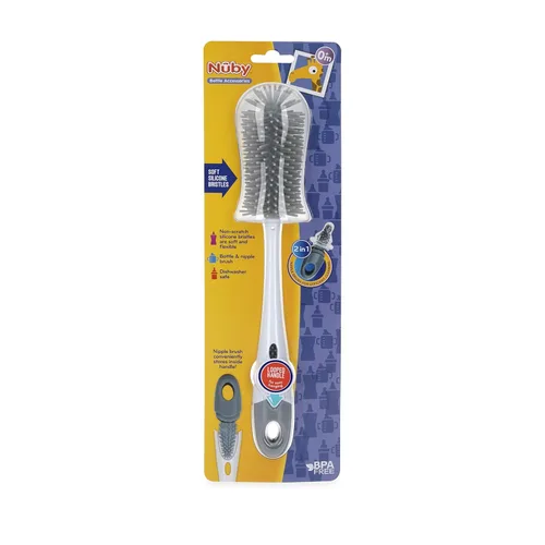 Vista 6 de Nuby Botella de cerdas de silicona suave antiarañazos y cepillo para pezones con mango en bucle, aguamarina