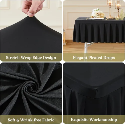 Vista 2 de Mantel de elastano negro para mesas rectangulares de 4 pies, mantel elástico ajustable con falda plisada con volantes para mesa de 48 x 24 pulgadas