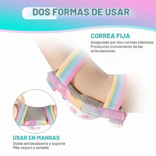 Vista 5 de Rodilleras de arcoíris y unicornio para niños, coderas, muñequeras con bolsa de cordón, juego de equipo de protección ajustable para niñas, patinaje