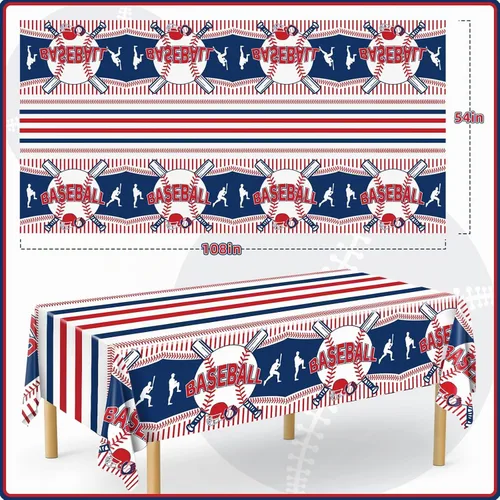 Vista 2 de Miucat Mantel de béisbol de 3 piezas, mantel de mesa y decoración de fiesta, mantel de plástico desechable, rectangular para juegos de béisbol