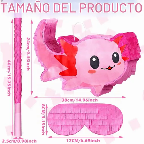 Vista 5 de Sratte Piñata de ajolote rosa con suministros para fiesta de cumpleaños, 14.96 x 9.45 x 2.95 pulgadas