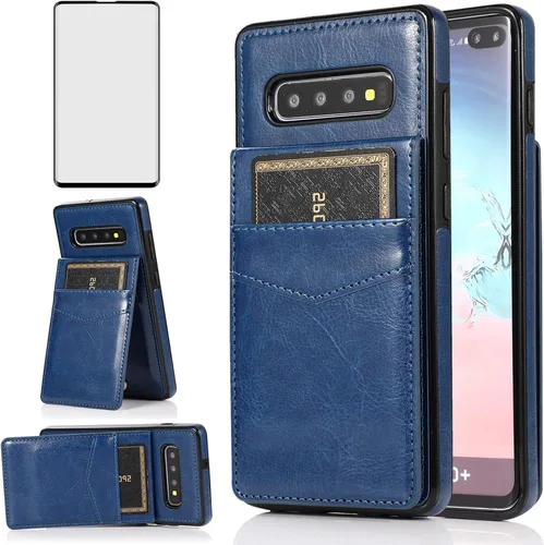 Vista 10 de Funda de teléfono para Samsung Galaxy S10 con protector de pantalla de vidrio templado y tarjetero para tarjetas de crédito, soporte de cuero Negro