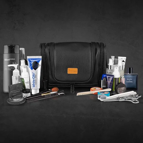 Vista 7 de MIRASON Neceser de viaje, bolsa de aseo colgante para hombres, bolsa de ducha de viaje de cuero para artículos de tocador, bolsa de baño con gancho