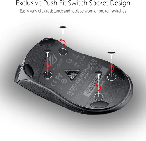 Vista 5 de ASUS Ratón óptico para juegos - ROG Gladius II Core Agarre ergonómico para mano derecha Mouse ligero para juegos de PC Sensor óptico de 6200 DPI