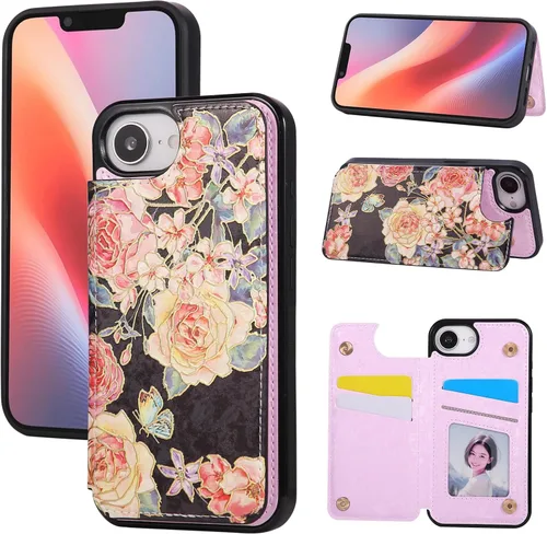 Vista 11 de UEEBAI Funda tipo cartera para iPhone 13 con tarjeteros, piel sintética, diseño floral, función atril, bloqueo RFID, doble cierre magnético, funda