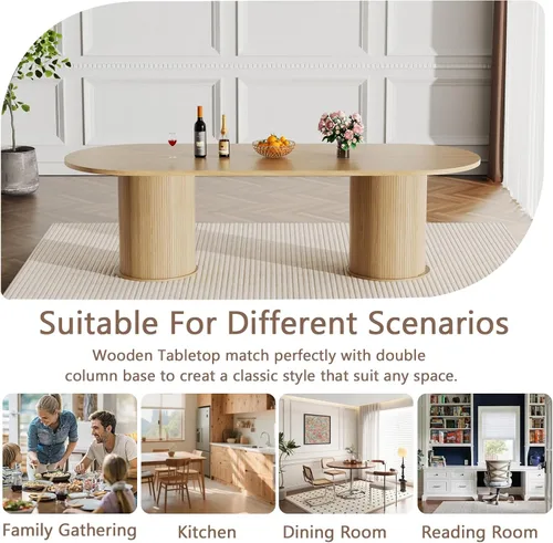 Vista 6 de Mesa de comedor redonda extensible de 94 pulgadas con base de almacenamiento, mesa de comedor expandible natural para 10, mesa de comedor de madera