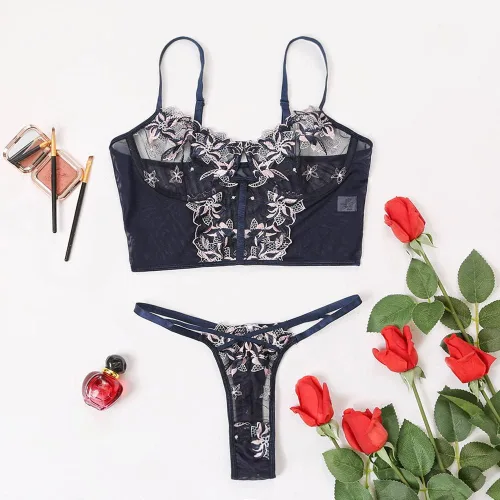 Vista 7 de Conjunto de lencería sexy con cinturón de liguero para mujer con gargantilla, encaje floral, brasier transparente con aros y braga para sexo travieso