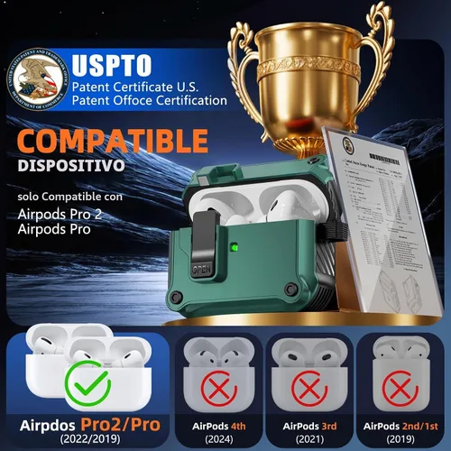 Vista 2 de Pohgelan - Funda compatible con AirPods Pro 2ª/1ª (verde) Cerradura magnética automática con kit de limpieza, compatible con Magsafe