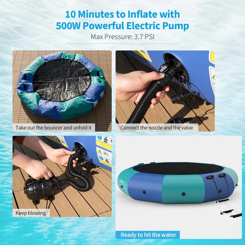 Vista 4 de Goplus - Trampolín inflable de agua de 10 pies, 12 pies, 15 pies, rebotador acuático recreativo con inflador eléctrico, escalera de cuerda, cuerdas