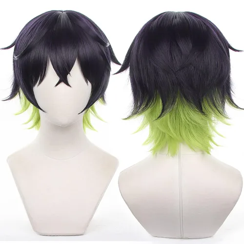 Vista 15 de Pelucas de anime verde oscuro para hombre, peluca corta y recta con flequillo para mujer, peluca COS para Halloween, Navidad, cómic, transmisión