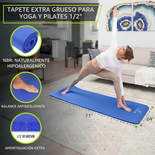 Vista 2 de ProsourceFit Extra Thick Yoga and Pilates Mat, 71-inch Long High Density Exercise Mat with Comfort Foam and Carrying Strap Azul