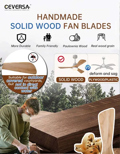Vista 2 de Ventilador de techo de madera natural de 42 pulgadas con luces y control remoto, ventilador de 3 aspas para exteriores/interiores para patio y sala