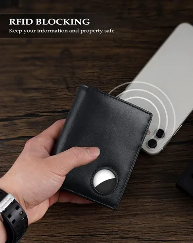 Vista 16 de Swallowmall AirTag Billetera para hombre con bloqueo RFID, de piel auténtica, plegable, para AirTag con 1 ventana de identificación, 13 tarjeteros