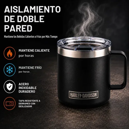 Vista 2 de Harley-Davidson Taza de café de viaje taza de acero inoxidable con protector de barra de tapa