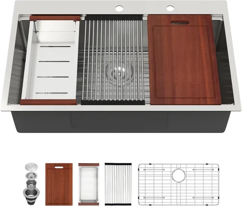 Vista 13 de Sarlai - Fregadero de cocina de cascada de 31 pulgadas, de montaje superior - 31x20 Fregadero de cocina con borde y estación de trabajo, de acero