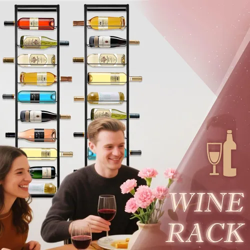 Vista 5 de Estante de pared para vino, soporte para 10 botellas de vino de metal negro para pared, organizador de almacenamiento de botellas de vino, estante