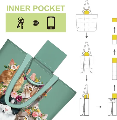 Vista 5 de NymphFable Bolsas de compras para gatos lindos, paquete de 2 bolsas reutilizables para comestibles de 50 libras Tela de poliéster duradera, diseño
