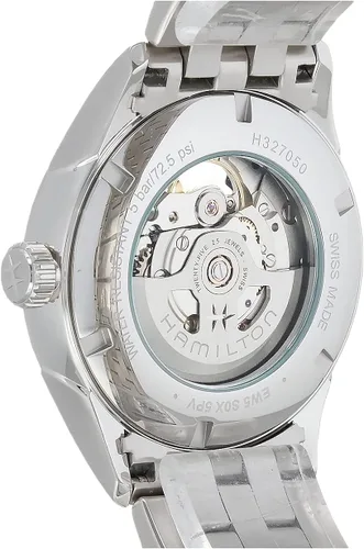 Vista 5 de Hamilton Jazzmaster Reloj automático suizo de corazón abierto de 1.654in, esfera gris, pulsera de acero inoxidable plateado (modelo H32705181)