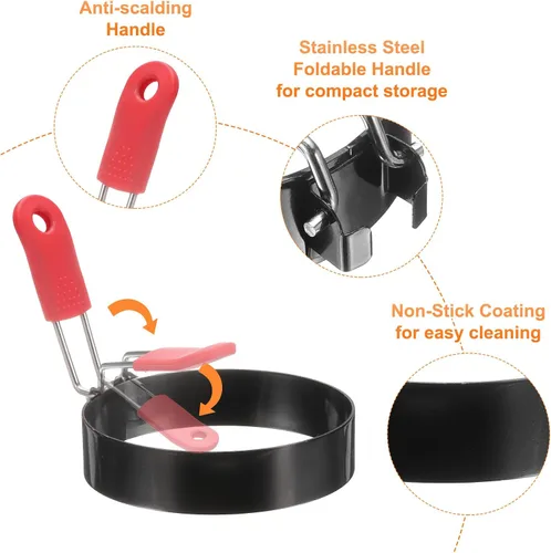Vista 4 de HARFINGTON 2 anillos de huevo de 3.5 pulgadas de acero inoxidable antiadherente para panqueques con mango de silicona para freír huevos, sándwich