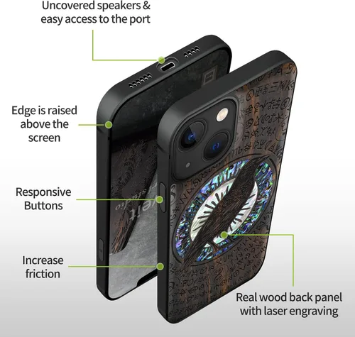 Vista 6 de Carveit Funda protectora de madera de diseñador para iPhone 13 (grabado en madera e incrustaciones de carcasa), funda de madera compatible
