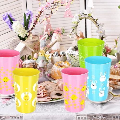 Vista 5 de Meanplan 60 vasos de plástico reutilizables de Pascua, vaso de fiesta de conejo, 12 onzas, tazas de café, café, decoración de Pascua, suministros