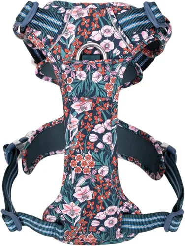 Vista 7 de La La Pet® Arnés para perro sin tirones con clip frontal, arnés reflectante para perro con asa, chaleco acolchado de neopreno floral para cachorros
